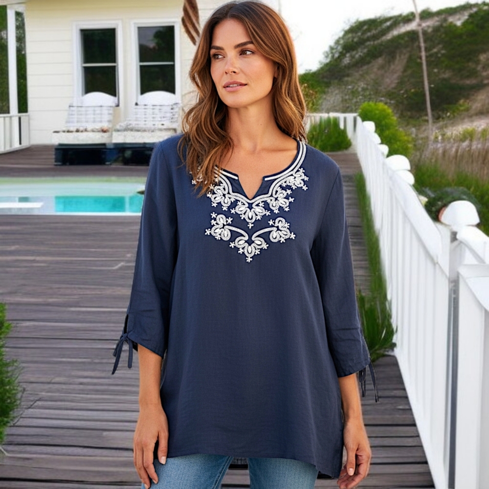 JM Collection Linen Embroidered Tunic‎ Sz M Top Beaded Navy Blue White Boho Chic